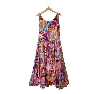 SANDY‎ STARKMAN Colorful Abstract Print Tiered Maxi Dress Tie Waist 36" Bust